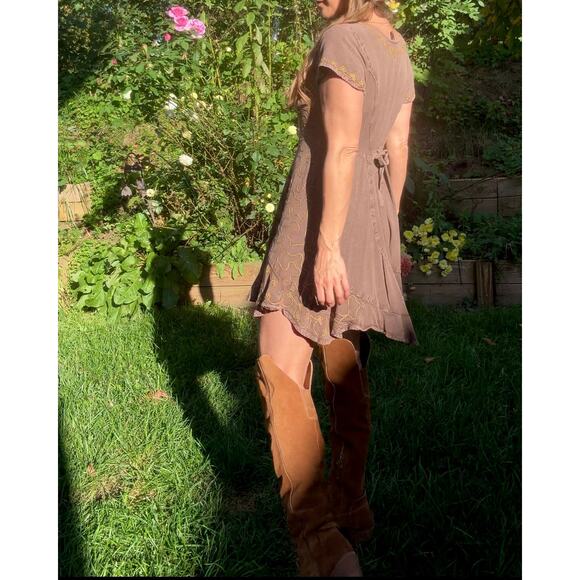 Embroidered lace-up mini dress Brown cocoa Boho Festival Forest - Picture 5 of 9
